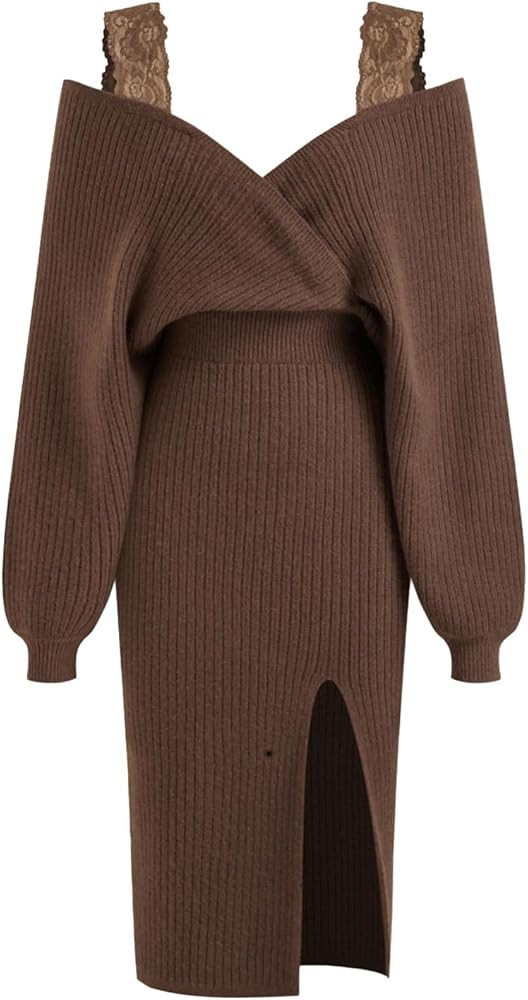 Women's Ribbed Knit Sweater Dress, Cream White, Long Sleeve V-Neck, Side Slit Bodycon Maxi Length | Amazon (US)