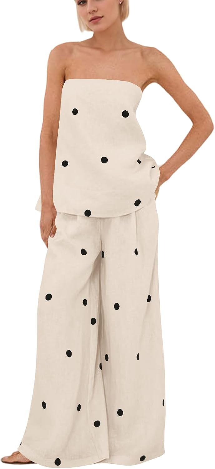 Women Polka Dot 2 Piece Outfits Spot Strapless Tube Top High Waist Wide Leg Pants Casual Lounge Set | Amazon (US)