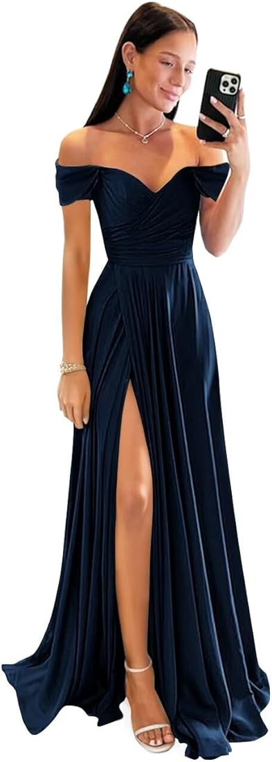 PEIYJYUSP Off Shoulder Satin Bridesmaid Dresses for Wedding Long Ruched A Line Corset Formal Prom... | Amazon (US)