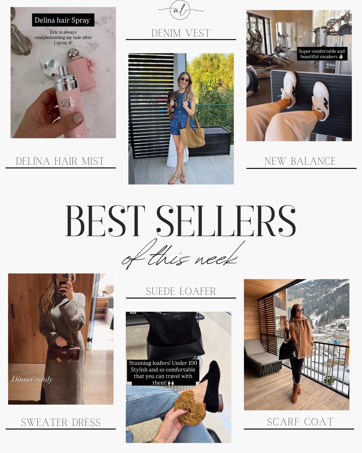 Best sellers of this week! 
Delina hair mist, denim vest, new balance sneakers, sweater dress, suede loafers, scarf coat

#LTKSeasonal #LTKootd #LTKU