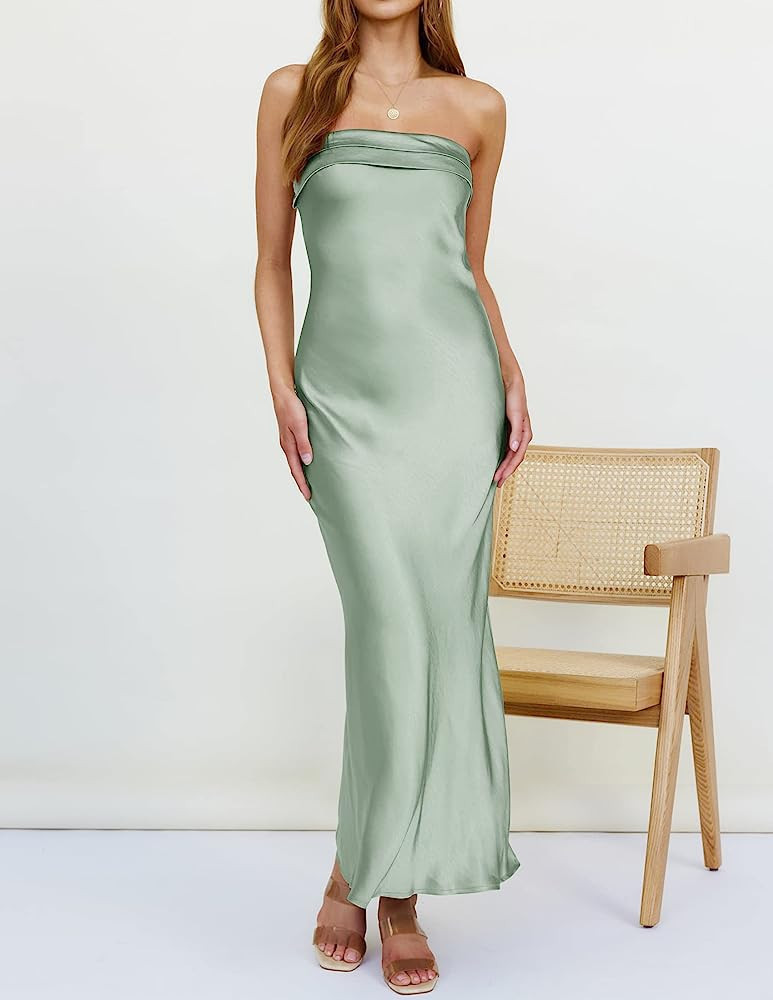 ZESICA Women's 2023 Summer Satin Strapless Dress Sage Green Dress Light Green Dress Green Maxi Dress | Amazon (US)