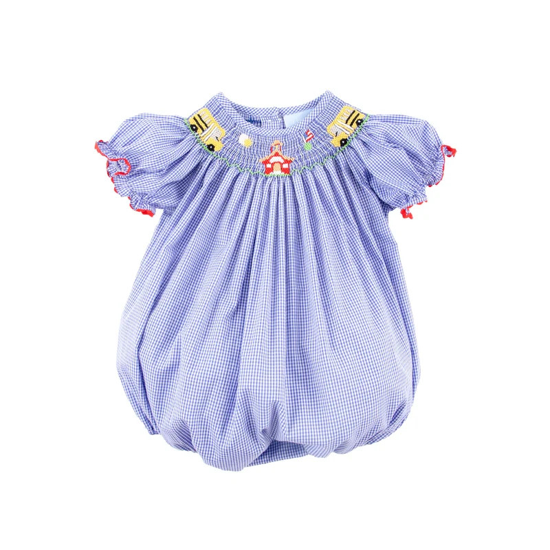 School Bus Smocked Royal Gingham Bishop Bubble | Classic Whimsy