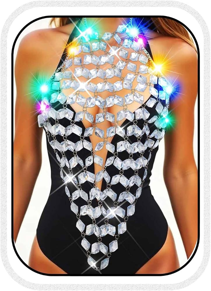 BODIY Light Up Crystal Bra Chain top LED Rhinestones chest chain Sparkly Body Jewelry for Women | Amazon (US)