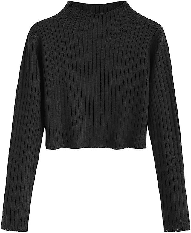 Amazon.com: ZAFUL Women's Mock Neck Tops Long Sleeve Ribbed Knit Pullover Cropped Fall Sweater (A... | Amazon (US)