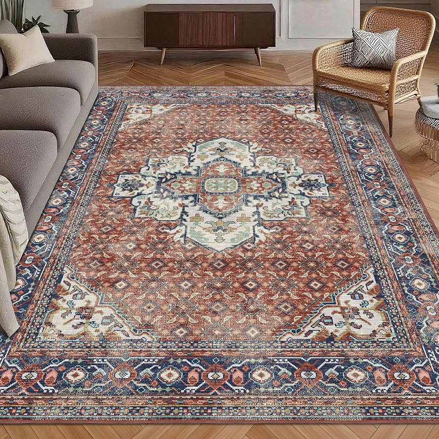 Washable Area Rug 8' x 10' Vintage Traditional Persian Mat - Foldable Distressed Non-Slip Machine... | Amazon (US)