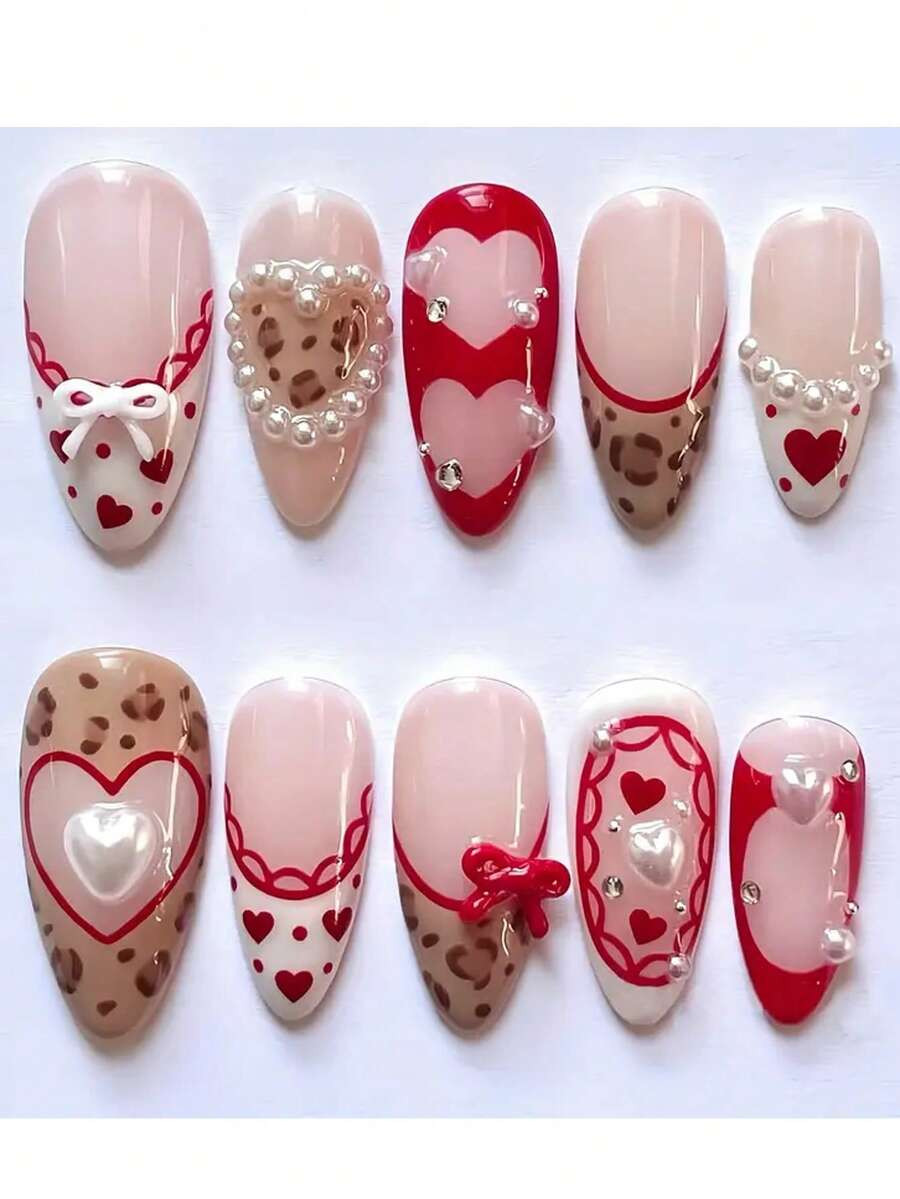 10pcs New Year & Valentine's Day Themed Nail Stickers, Featuring Sweet & Cool Heart-Shaped Cherry... | SHEIN