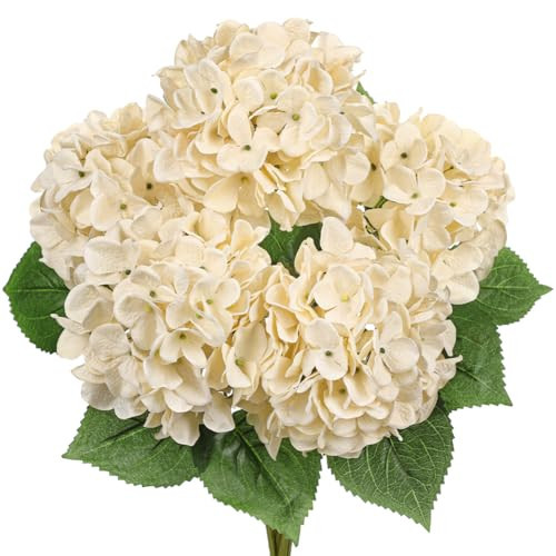 Hollyone Beige Hydrangea Artificial Flowers Large Artificial Hydrangeas Silk Flowers for Home Decor Indoor Wedding Flowers Bouquets Faux Flowers Kitchen Centerpiece Table Decorations | Amazon (US)