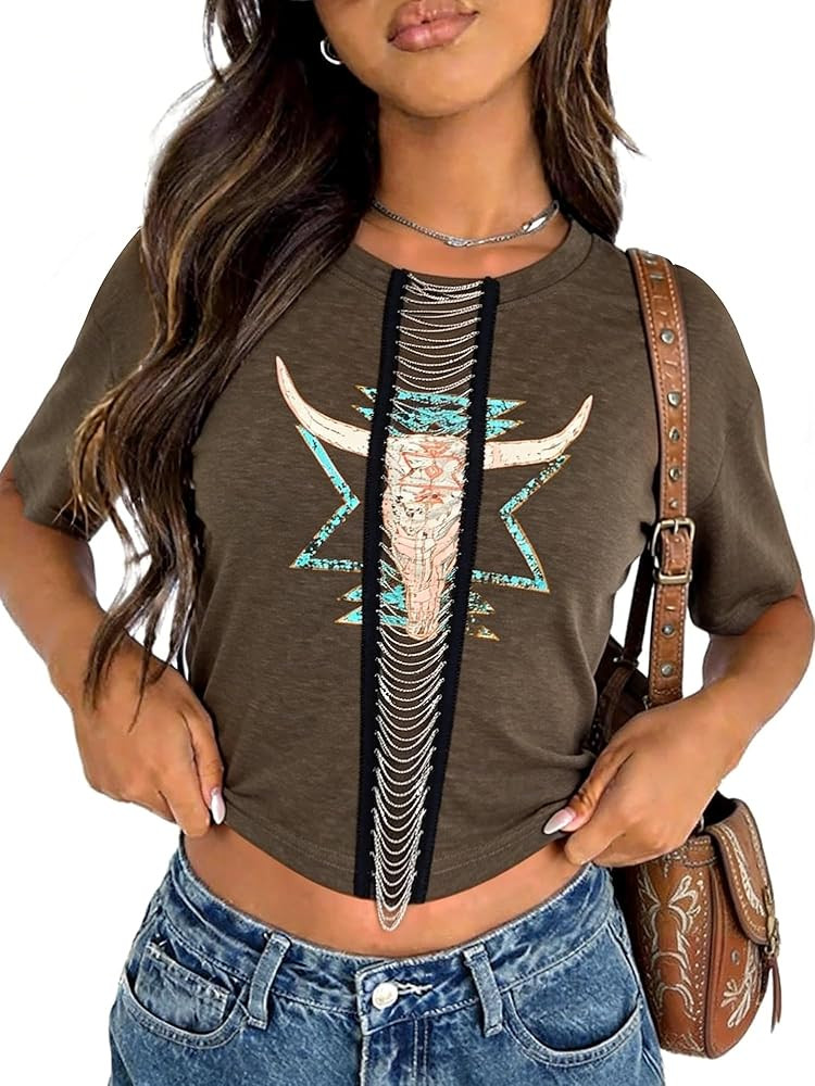 Chulianyouhuo Womens Cowgirl Crop Tops Vintage Western Tees Short Sleeve Flower T Shirts Graphic ... | Amazon (US)