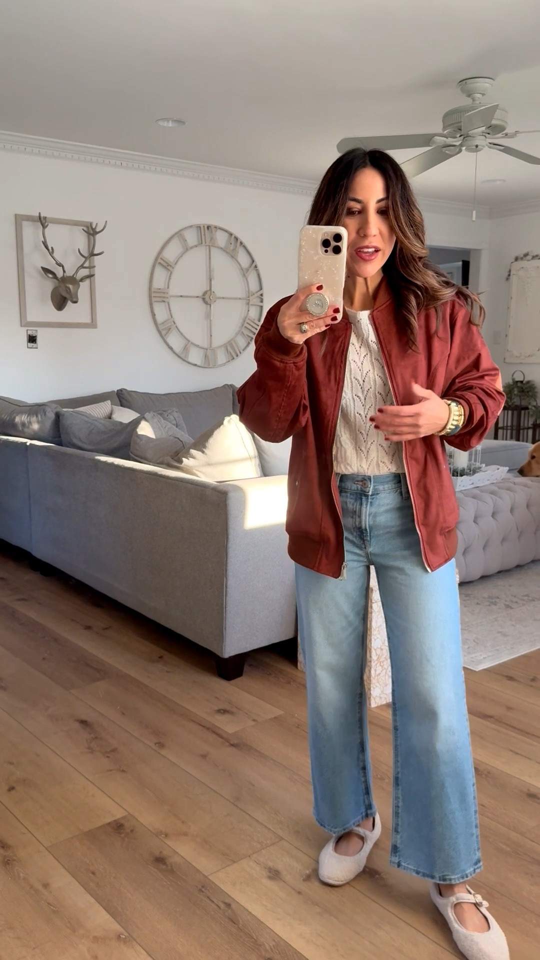 Jeans 0 X- short. Suede jacket small, sweater small, Sherpa shoes TTS.

#LTKFindsUnder50 #LTKSaleAlert #LTKOver40