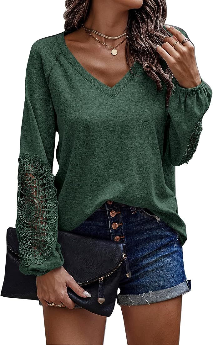 PRETTYGARDEN Women's Lace Long Sleeve V Neck Pullover Sweatshirts Loose Fit Blouses Casual Tunic ... | Amazon (US)