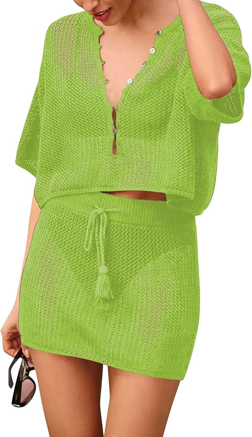 Sovoyontee Women's 2 Piece Swimsuit Coverup Crochet Hollow Out Bathing Suit Swim Beach Cover Up C... | Amazon (US)
