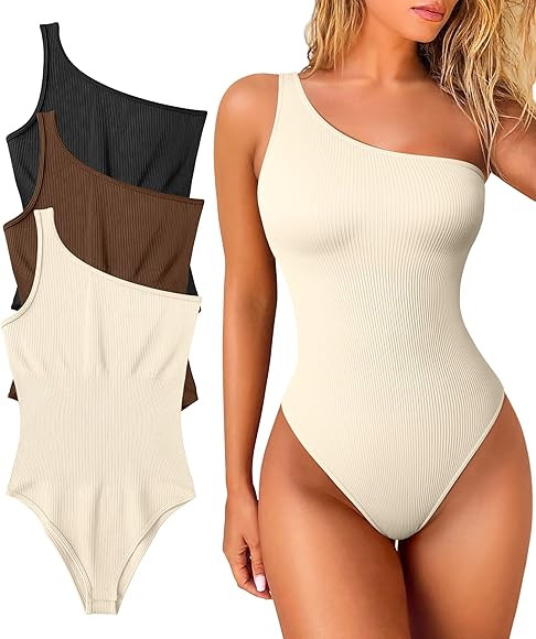 OQQ Women's 3 Piece Bodysuits Sexy Ribbed One Shoulder Sleeveless Exercise Bodysuits | Amazon (US)