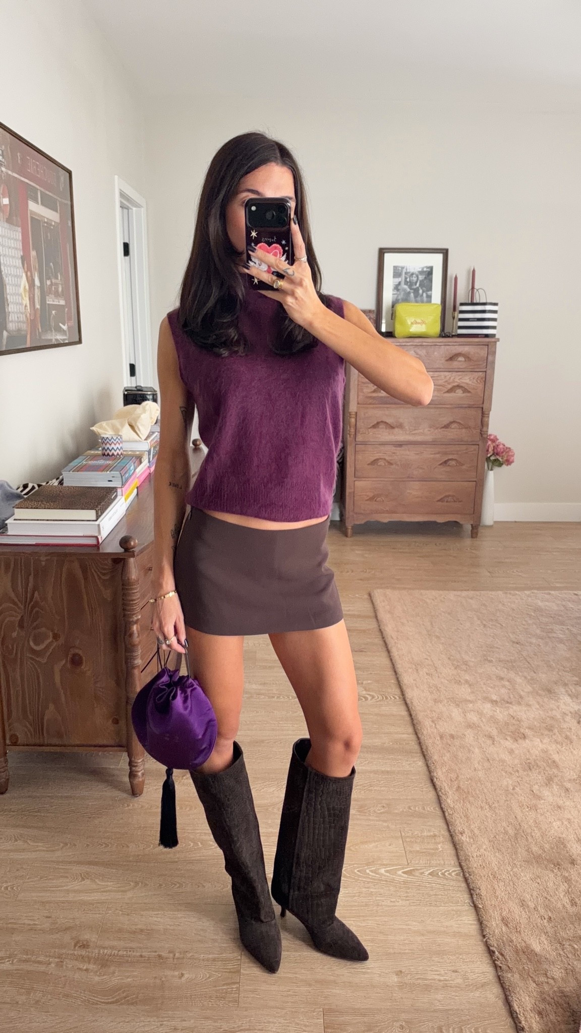 Fall going out outfit! Also great for a date night! 0 in skort (rich mocha brown), S turtleneck and sized up half size in shoes! Bag is pochette! Also linked the other brown for the skort
