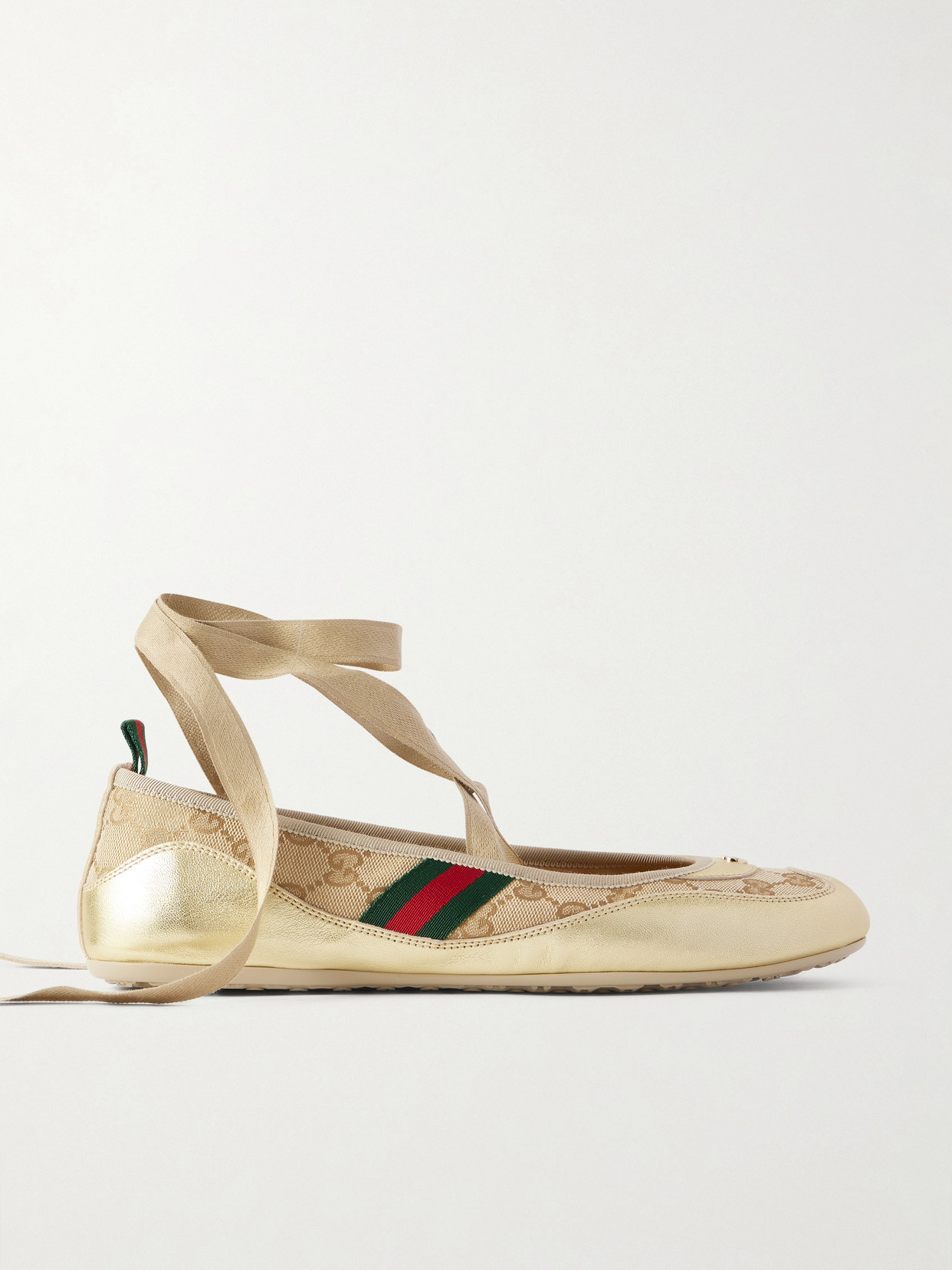 Gucci - Shift Webbing-trimmed Canvas-jacquard And Metallic Leather Ballet Flats - Gold | NET-A-PORTER (US)