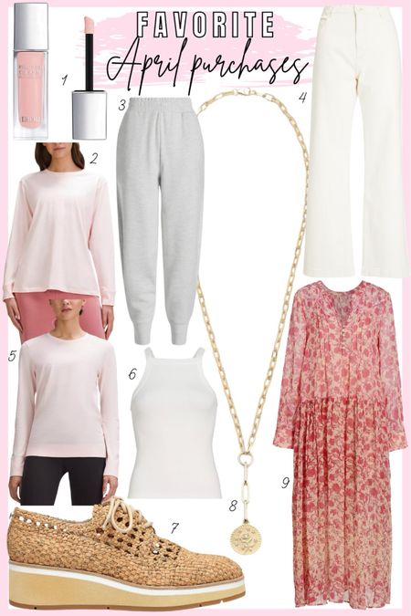 Fave April buys - best wide leg baggy jeans ever in the perfect ecru color, Dior glow, lululemon strawberry milkshake tops, foundrae necklace, perfect white tank, pink floral maxi dress, raffia wedge sneakers, joggers



#LTKSeasonal #LTKfindsunder100 #LTKstyletip