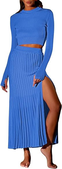 Pink Queen Women's 2 Piece Sweater Outfits Set Long Sleeve Crop Top Ribbed Split Bodycon Midi Lon... | Amazon (US)