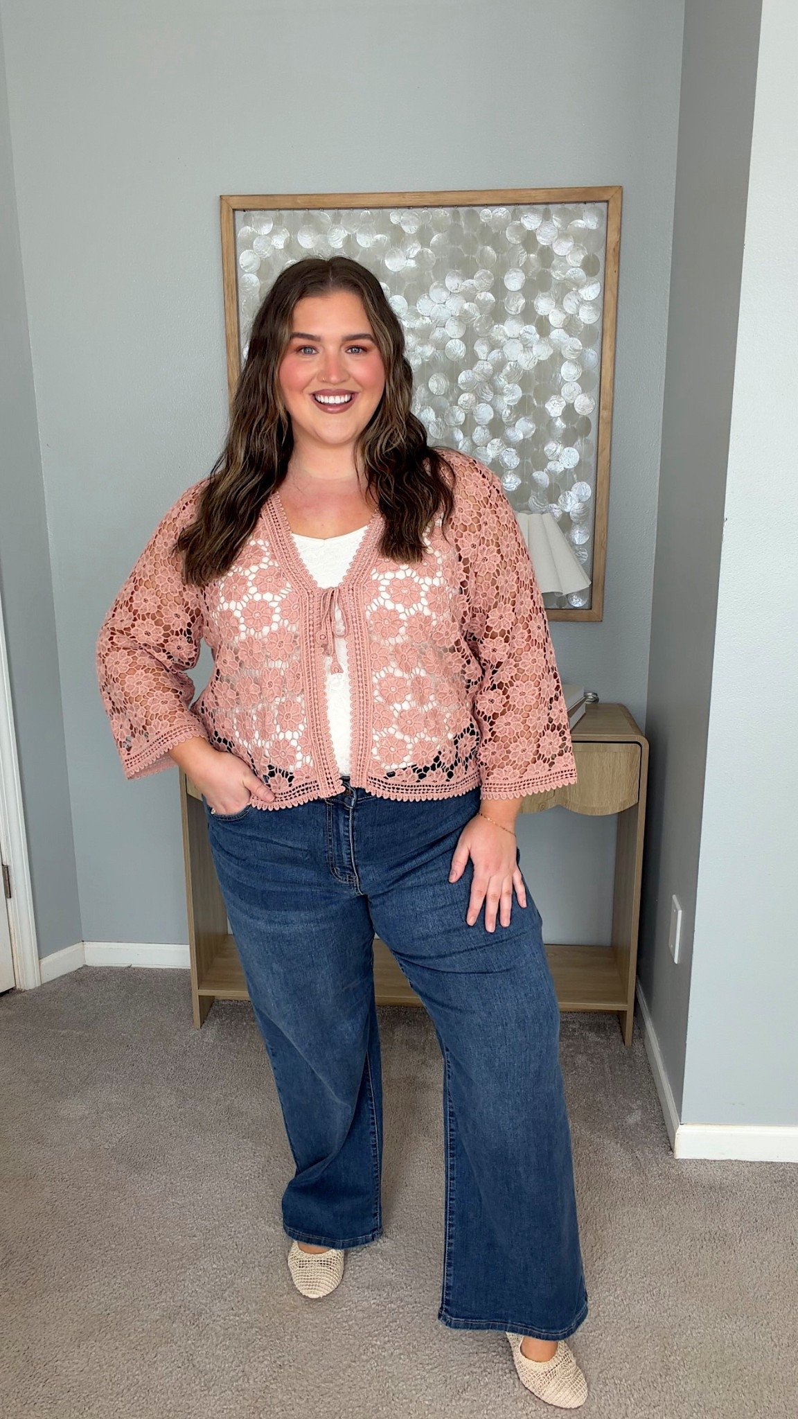 Spring plus size outfit from @Maurices 🌸 Love this crochet floral design top. Plenty of room in the arms! Paired with a lace cami top, dark wash wide leg jeans + comfy flats! Wearing a size 2X, XXL and 20 denim. Save with code LTK10 🙌🏼

#LTKPlusSize #LTKSaleAlert #LTKootd
