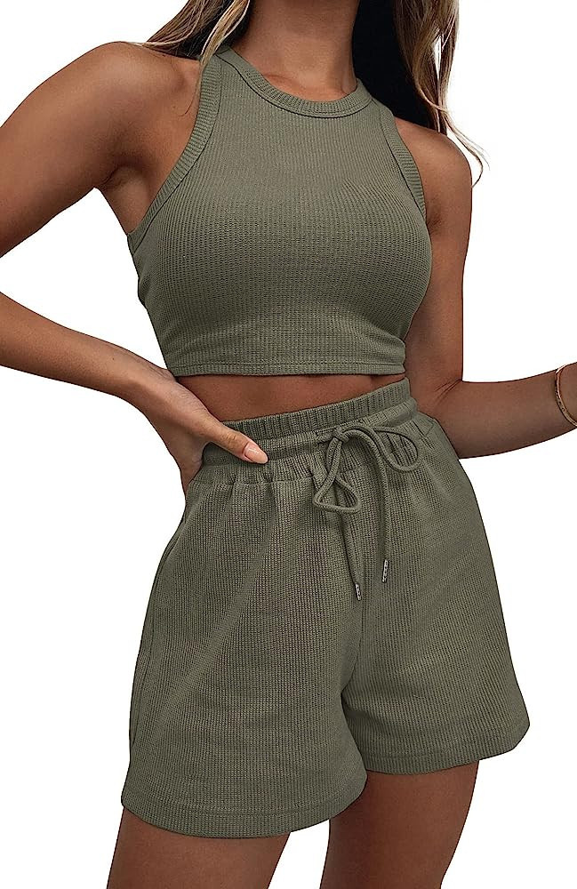Two Piece Lounge Sets for Women, Sleeveless Crop Top and Shorts Outfits for Women Sweatsuits | Amazon (US)
