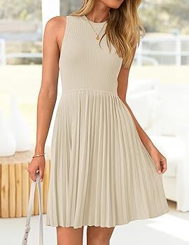 ZESICA Women's Summer Sleeveless Mini Dresses 2024 Crewneck Knit A Line Pleated Swing Basic Short... | Amazon (US)