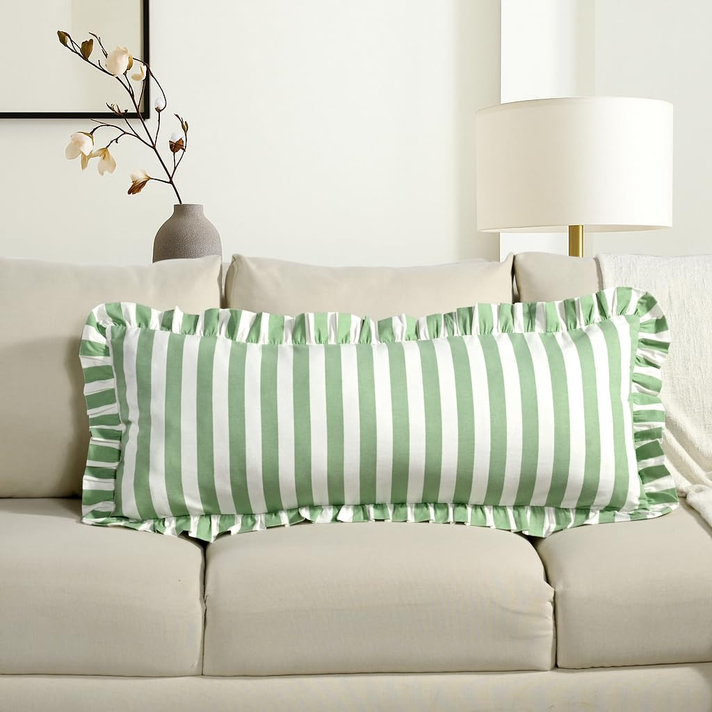CPC Green Striped Hand Block Print Cotton Ruffle Decorative Sham Covers with Hidden Zipper 36" x ... | Amazon (US)