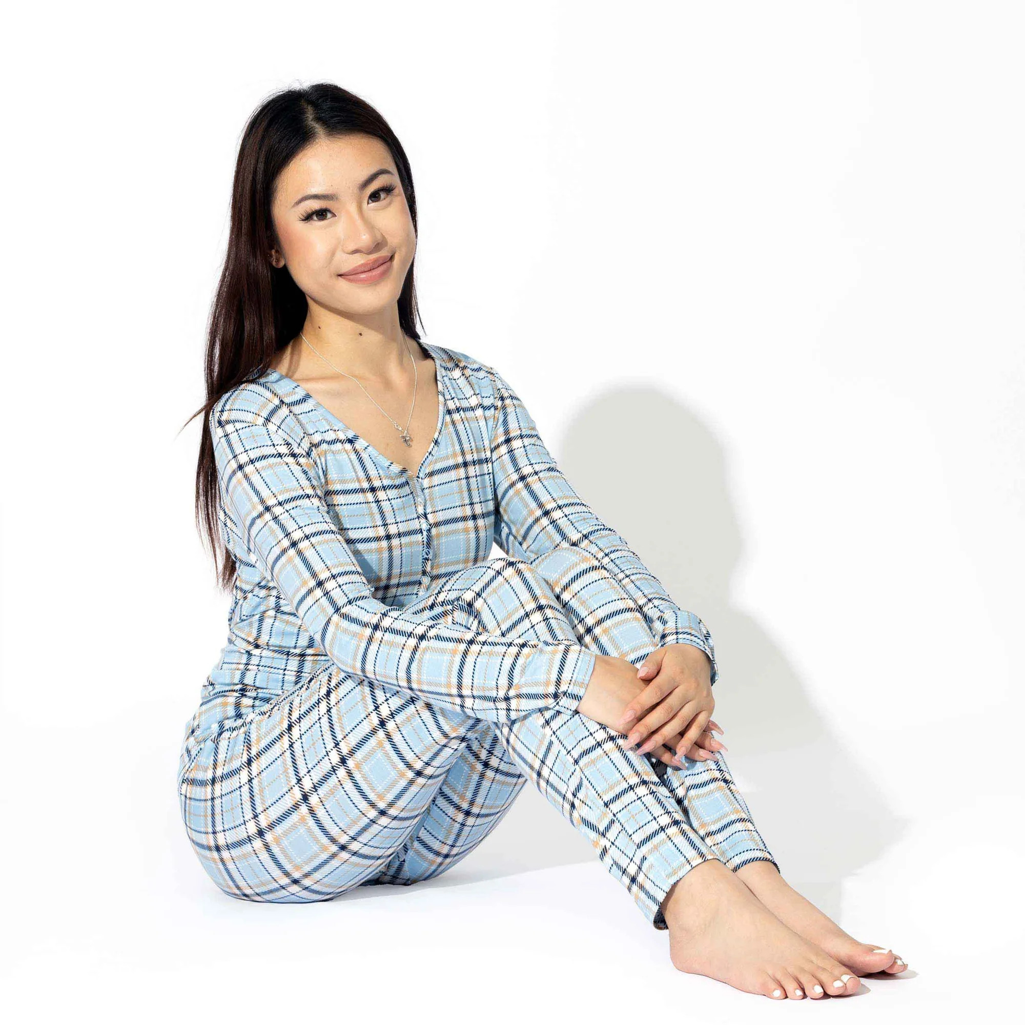 Holiday Plaid Blue Bamboo Women's Pajama Set | Bellabu Bear