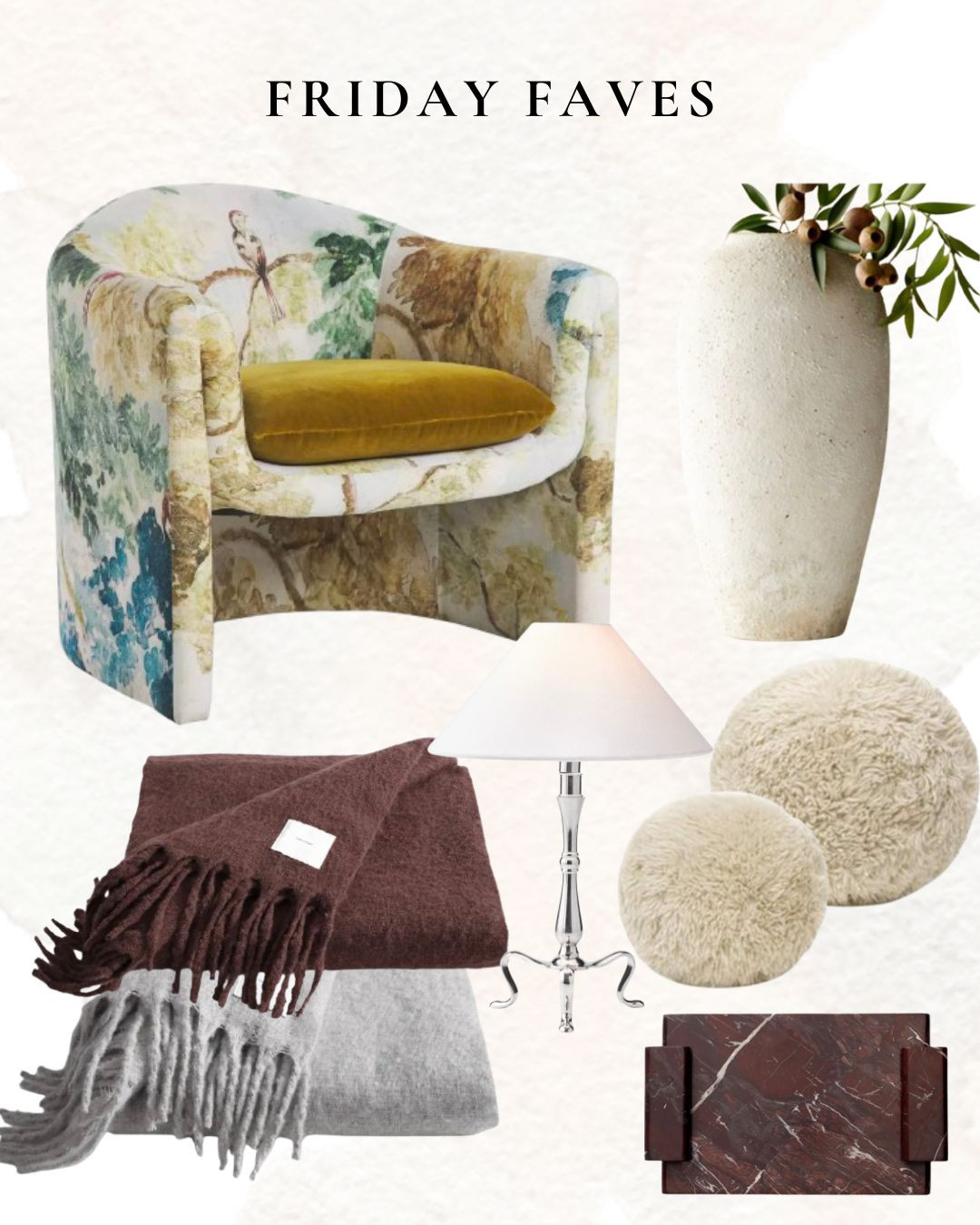 Friday Faves: Home Decor and Furniture 

accent chair, vase, table lamp, throw blanket, rpund pillows, marble tray

 

 #LTKHome