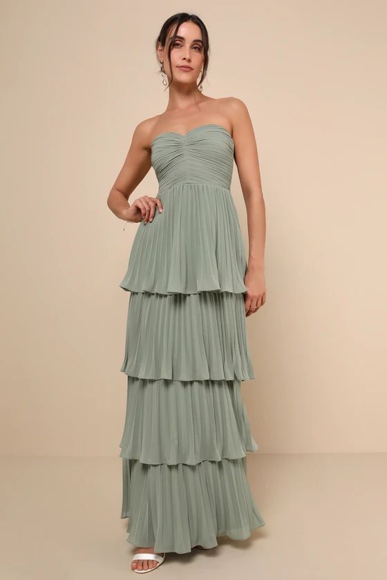 Seriously Sensational Sage Brush Tiered Dress Strapless Dress Green Wedding Guest Dress Green | Lulus