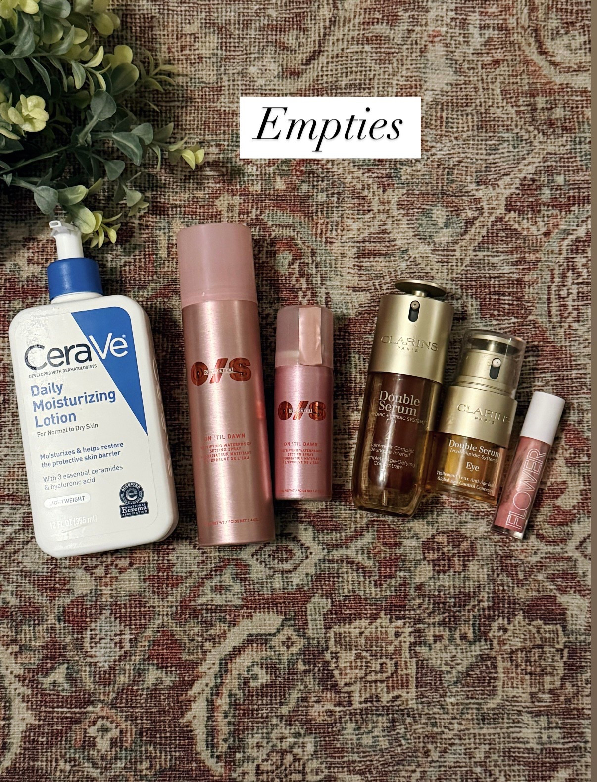 Cerave daily lotion, One size setting spray, Clarins skincare, Clarins double serum, Clarins double eye serum, flower beauty, Ulta finds, Sephora finds, empties

#LTKFindsUnder100 #LTKFindsUnder50 #LTKBeauty