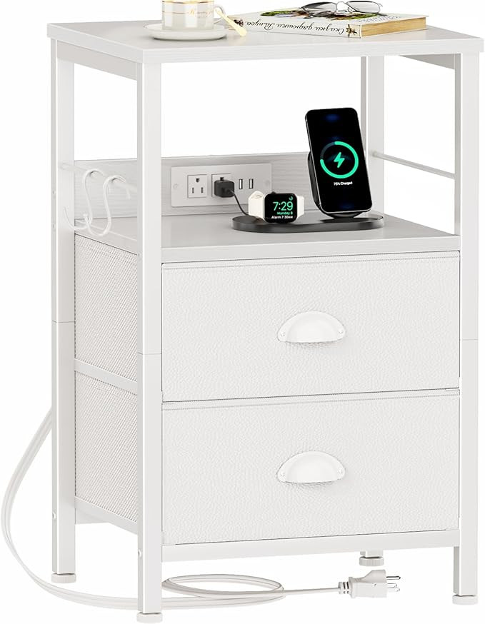 Furologee End Table with Charging Station, Nightstand with Fabric Drawers, Side Tables with USB P... | Amazon (US)