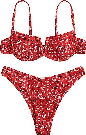 SweatyRocks Women's Sexy Bathing Suits Spaghetti Strap Floral Bikini Set Underwire Swimsuit | Amazon (US)