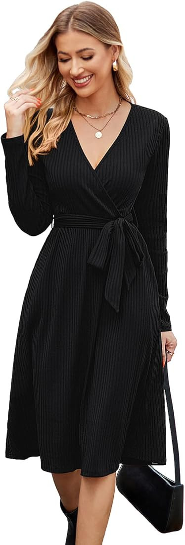 Newshows Womens 2024 Fall Sweater Dress | Long Sleeve, Business Casual Outfits, V Neck Ribbed Kni... | Amazon (US)