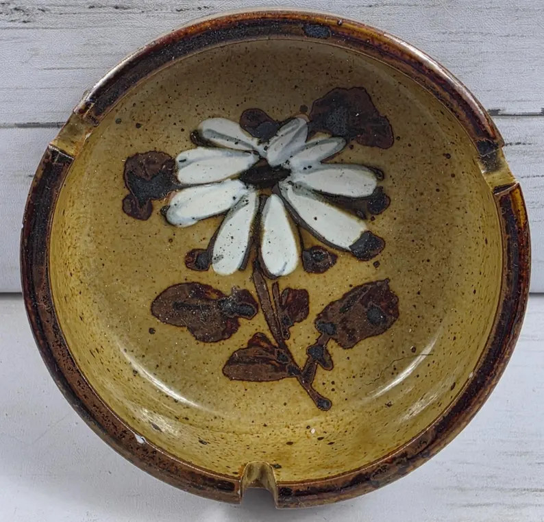 Pottery, Clay Brown and Beige Glossy Flowered Theme Ashtray, Japan Made (?) | Etsy (US)