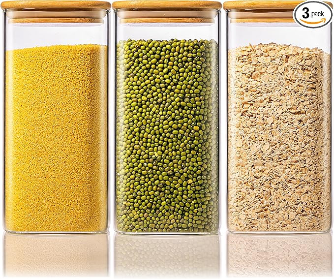 57oz - 3 Pack Square Glass Jars with Bamboo Lids, Glass Food Storage Containers with Airtight Lid... | Amazon (US)