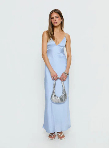 Normanby V Neck Tie Detail Maxi Dress Blue | Princess Polly US