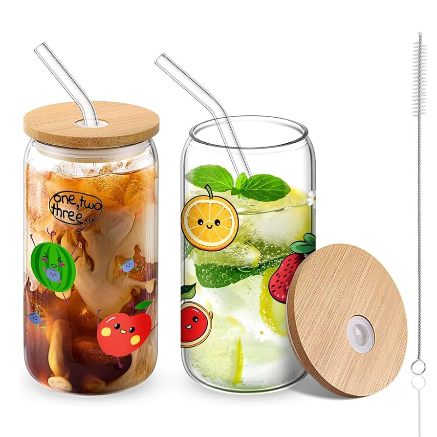 2 Pcs Cartoon Fruit Pattern Glass Cups, 16 oz Drinking Glasses with Bamboo Lids and Straws, Iced ... | Amazon (US)