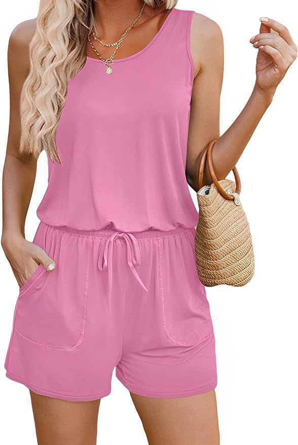 ADOME Rompers for Women Summer Sleeveless Scoop Neck Tank Top Casual Short Jumpsuit Rompers with ... | Amazon (US)