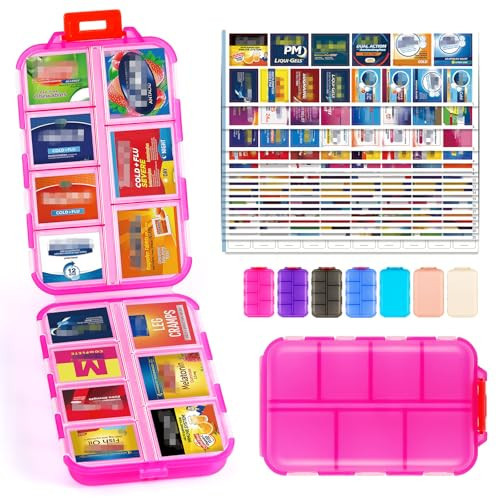 PILABEL Travel Pill Organizer with Bulk Stickers & Labels - Small & Portable Daily Medicine Pharmacy for Pocket, Bag - 14-Compartment Foldable Supplement Box Holder for Fish Oil Vitamin - Clear Pink | Amazon (US)