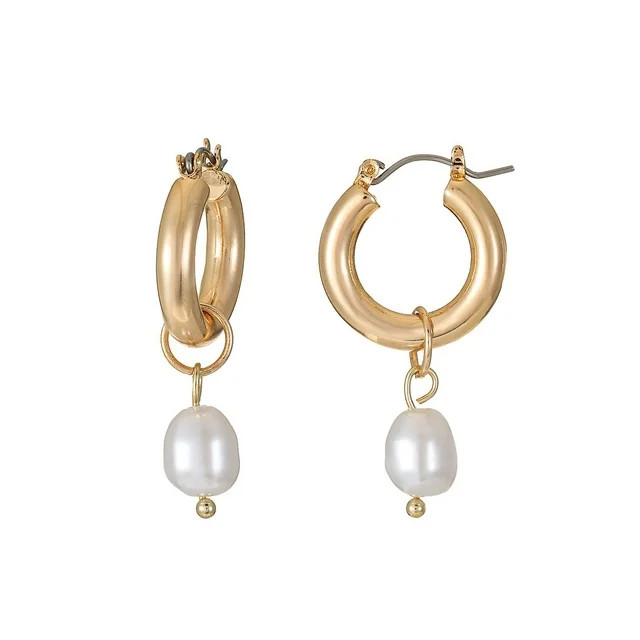 Time and Tru Women's Goldtone Huggie Hoop Earring with Simulated Freshwater Pearl | Walmart (US)