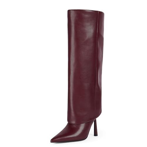Modatope Burgundy Boots for Women Fold Over Pointed Toe Knee High Boots High Heel Womens Boots with Side Zipper Size 7.5 | Amazon (US)