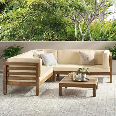 OUTDOOR WOODEN SECTIONAL SET WITH CUSHIONS, BEIGE | Wayfair North America
