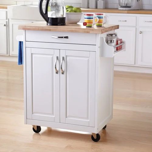 Mainstays Kitchen Island Cart with Drawer, Spice Rack, Towel Bar, Butcher Block Top, White | Walmart (US)