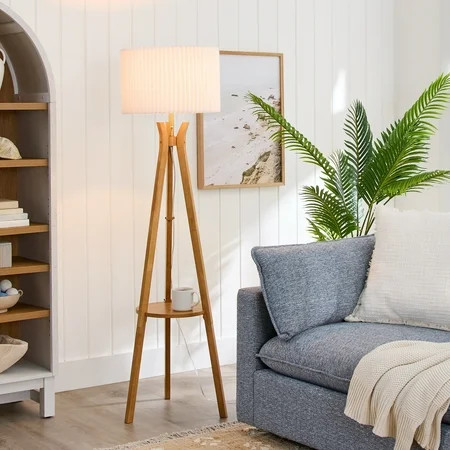 Better Homes & Gardens 63" Natural Wood Tripod Floor Lamp with Pleated Shade | Walmart (US)