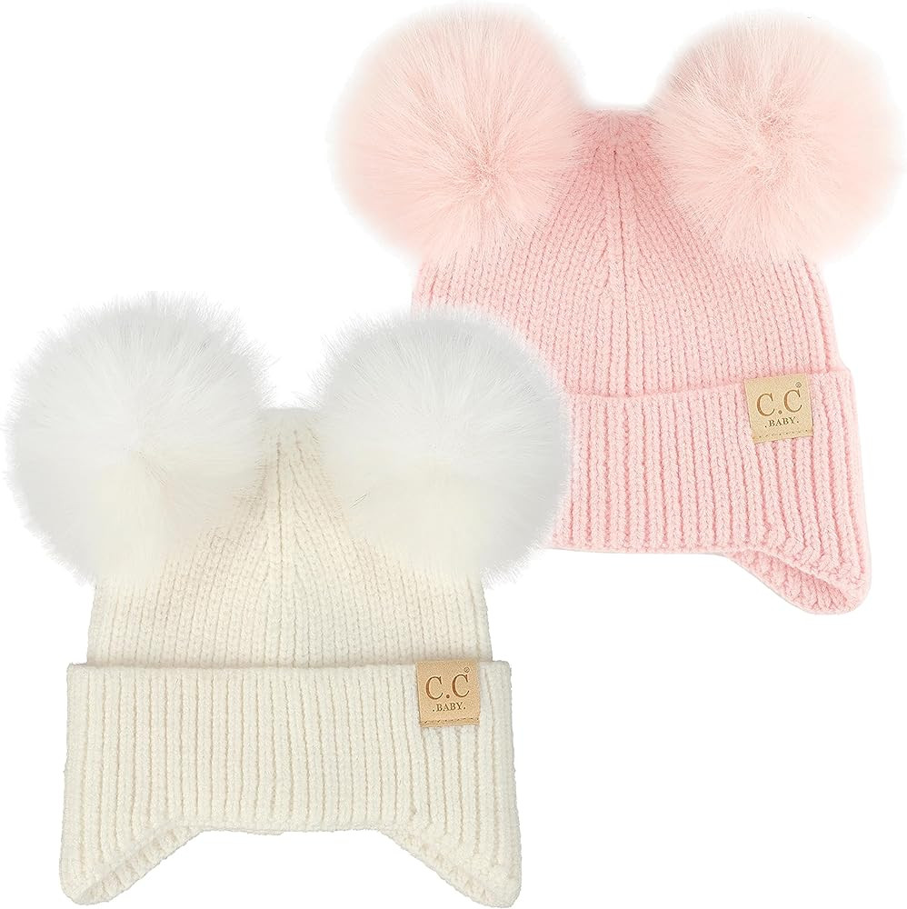 Funky Junque Exclusives Baby Infant Beanie Knit Warm Winter Double Pom Pom Skull Cap Hat | Amazon (US)