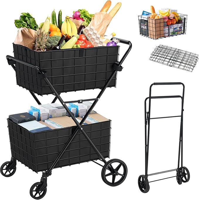 Spurgehom 2-Tier Shopping Cart with Wheels Folding Grocery Cart with Removable Double Baskets 360... | Amazon (US)