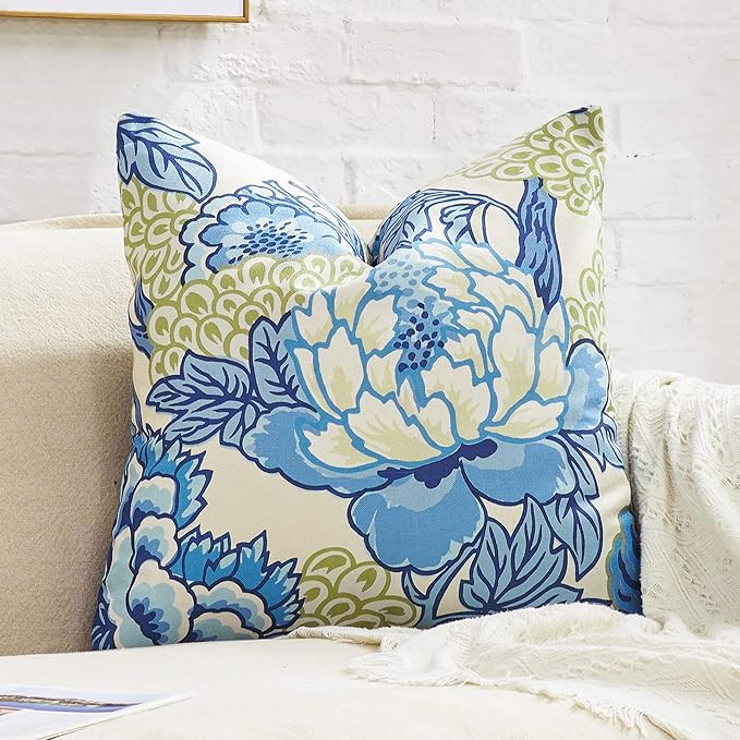 BLESFEST Chinoiserie Pillow Cover Peony Floral Pillow Covers Linen Decorative Flower Throw Pillow... | Amazon (US)
