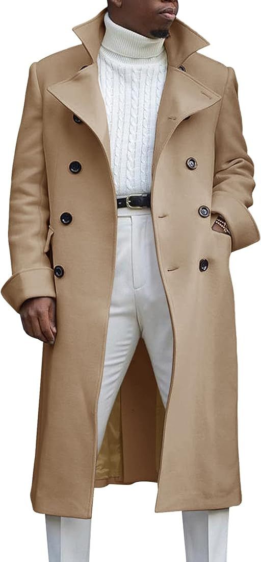 Ebifin Men's Notch Lapel Double Breasted Long Trench Coat Casual Cotton Blend Peacoat | Amazon (US)