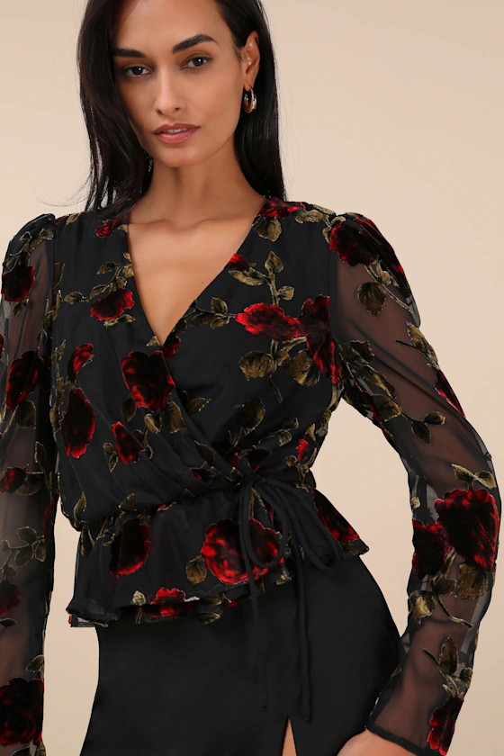 Memorably Poised Black Burnout Floral Surplice Top | Lulus