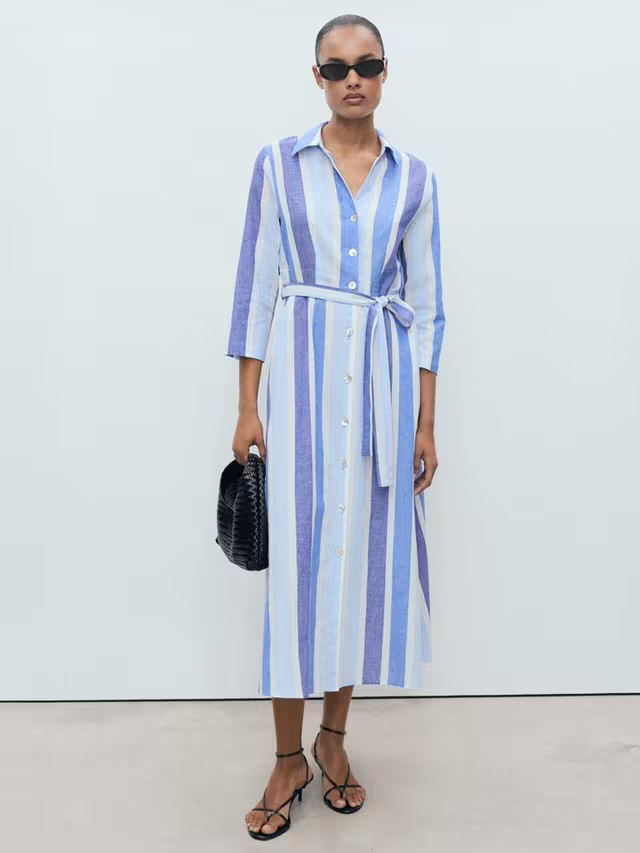 Mango Marina Stripe Linen Rich Shirt Dress, Medium Blue | John Lewis (UK)