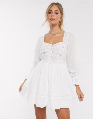 ASOS DESIGN button through lace insert mini dress with elasticated waist in white | ASOS (Global)