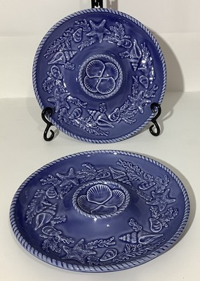 Bordallo Pinheiro Seashell Service Blue 9.5 Chip And Dip Plates. 1 Pair. | eBay US